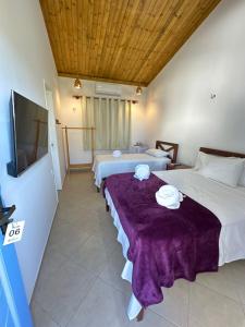 a hotel room with two beds and a tv at Pousada Caponga Praia Mar in Cascavel