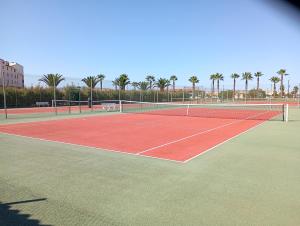 a tennis court with palm trees in the background at les pieds dans l'eau 1-Piscine chauffée in Le Barcarès +18 photos