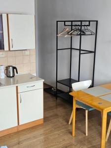 a kitchen with a table and a black shelf at Apartmán pro dvě osoby Ostrov in Ostrov