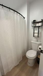 a bathroom with a toilet and a shower curtain at #3 Hygge Hus Hotel - King Suite Connectable in Andrews
