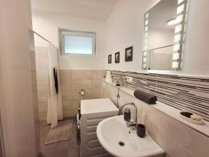 a bathroom with a sink and a toilet and a mirror at SZEDERMÁLNA Vendégház in Sárospatak +8 photos