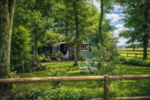 a green cottage with a fence in the yard at Little Tin House in Van Reenen +35 photos