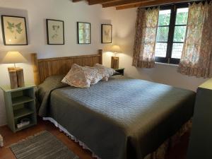 a bedroom with a bed with two lamps and two windows at Casa da Cascata in Furnas
