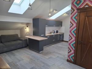 a kitchen with a counter and a couch in a room at Апартаменти Вілла Гор in Bukovel