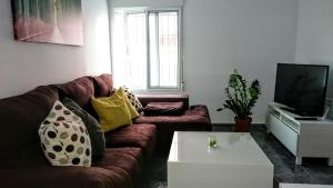 a living room with a brown couch and a tv at Apartment Periañez in Alicante