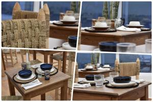 a collage of photos of a table with a hat on it at Adrar Lodge - Boutique Guesthouse with Sea View in Tamraght Ouzdar +46 photos