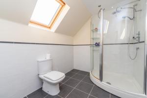 a bathroom with a toilet and a shower at Abbey View in Old Deer