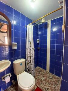 a blue tiled bathroom with a toilet and a sink at Europa Ecotours in Jardin +34 photos
