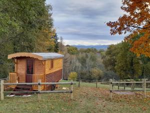 a small wooden cabin in a field next to a fence at Roulotte Manoé in Liéoux