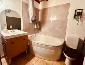 a bathroom with a tub and a toilet and a sink at Gîte LES GOUTTES 2 chambres 2 SDB in Courzieu +25 photos