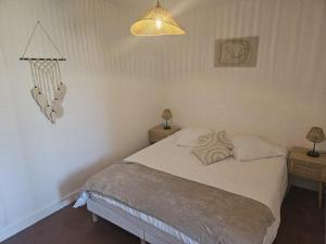 a bedroom with a bed with two night stands and a lamp at Chez collette in Chablis