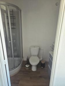 a bathroom with a toilet and a glass shower at Chez collette in Chablis +8 photos