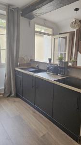 a kitchen with black cabinets and a sink and windows at Chez collette in Chablis