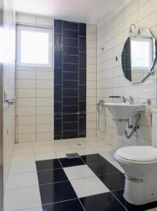 a bathroom with a toilet and a sink and a mirror at Garden Hostel in Skopje