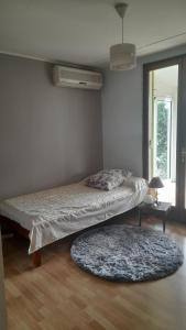 a bedroom with a bed and a rug at La Kaz Zarlor in Saint-Paul