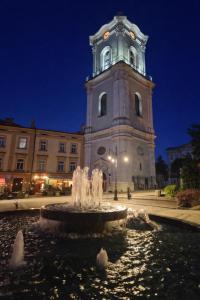 a clock tower with a fountain in front of a building at Apartament Azyl in Przemyśl