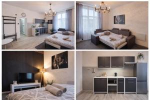 four different views of a living room and a bedroom at Apartament Fantazja in Przemyśl