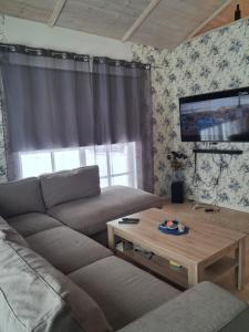 a living room with a couch and a coffee table at Kihulase maja in Luigu