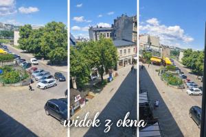 three pictures of a city with cars parked in a parking lot at Apartament Fantazja in Przemyśl +6 photos