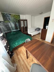 a room with a bed and a table in it at Abba -pokoje wakacyjne in Wisła