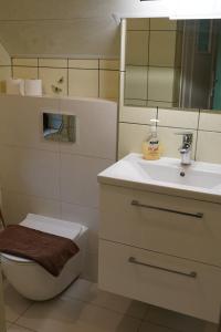 a bathroom with a sink and a toilet and a mirror at Willa Wisełka in Wisła +90 photos