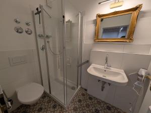 a bathroom with a shower and a toilet and a sink at Königliche Villa - Watzmannblick - nahe Zentrum und Bahnhof in Berchtesgaden +12 photos
