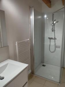 a white bathroom with a shower and a sink at Chez Wan'Elle in Thorigné-sur-Dué +5 photos