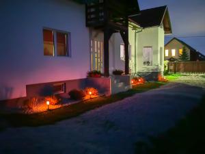 a house at night with lights in the front yard at Csergeteg Családi szállás in Ciceu