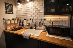 a kitchen counter with a sink and a microwave at Zlatá Víla by Cañas Apartments V srdci mesta, len pár krokov od hlavného námestia in Rimavská Sobota
