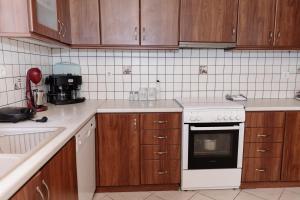 a kitchen with wooden cabinets and a white stove top oven at rosalena's house in Chalkida