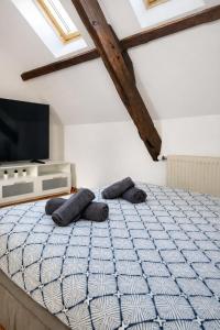 a bedroom with a bed with two pillows and a tv at La maison des Oiseaux in Martelange