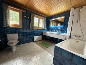 a bathroom with a tub and a toilet and a sink at Swiss Chalet - upstairs apartment in Grengiols
