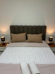 a bedroom with a large bed with two pillows at Bejart Apartment 9 in Tirana