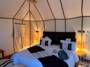 a bedroom with two beds in a tent at Dream Land Camp in Merzouga