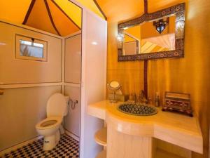 a bathroom with a toilet and a sink and a mirror at Dream Land Camp in Merzouga