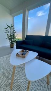 a living room with a blue couch and a coffee table at Gite OWEN in Bourbourg