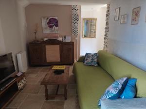 a living room with a green couch and a tv at Les pierres qui parlent in Précilhon +17 photos