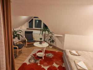 a small living room with a bed and a table at Csergeteg Családi szállás in Ciceu