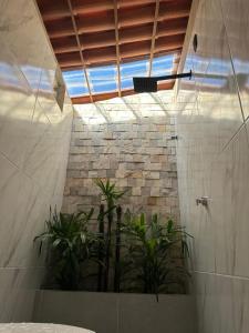 a bathroom with a stone wall and plants at Maruva Chalé in Aquiraz
