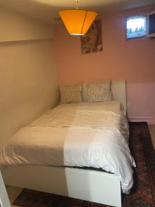 a bedroom with a bed with a light above it at T2 accueil proche Paris in Sartrouville