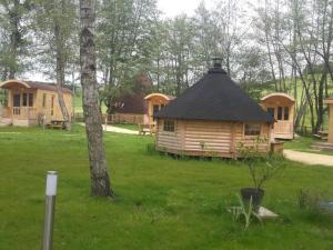 a log cabin with a black roof in a field at Charmante Cabane 5 Pers, Chauffée - API-1-52-1704 in Champvert +13 photos