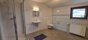 a bathroom with a shower and a toilet and a sink at Lauermann's Gästehaus in Felixdorf