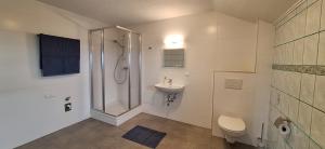 a bathroom with a shower and a toilet and a sink at Lauermann's Gästehaus in Felixdorf