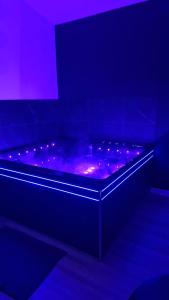 a bed in a room with purple and purple lights at Chez sousouzen in Dunkerque