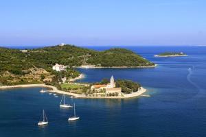an island in the ocean with boats in the water at Apartments Zoki in Vis