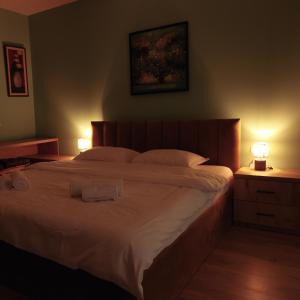 a bedroom with a large bed with two lamps at SMALL Boutique & Garden in Tirana