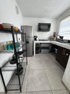 a small kitchen with a refrigerator and a counter at Casa Toreo in Mazatlán +1 photo