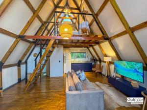 a living room with a loft with a couch and a tv at Chalés Exclusivos com Jacuzzi em Bonito Mato Grosso do Sul in Bonito