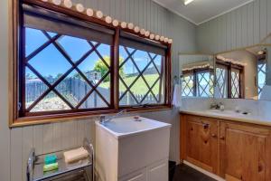 a bathroom with a sink and a window at Cygnet Cabin in Lymington