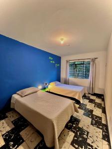 two beds in a room with a blue wall at Selvática Alojamiento Eco in Medellín +70 photos